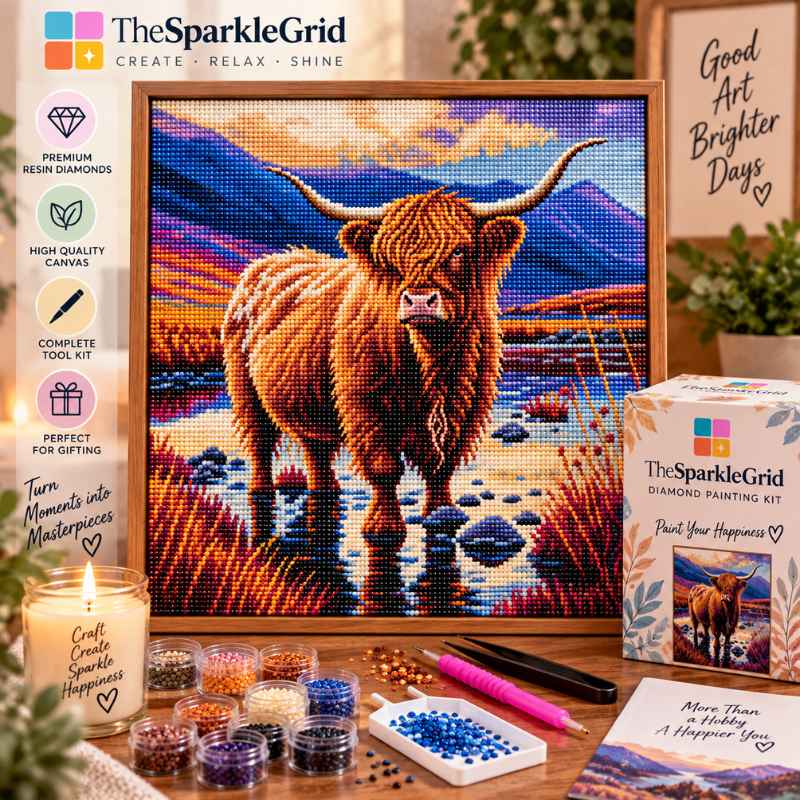 TheSparkleGrid branded Highland cow diamond painting displayed as a finished sparkling artwork with diamond painting supplies, craft tools, and kit packaging