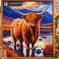 TheSparkleGrid Highland cow diamond painting featuring a colorful beaded mountain landscape, premium resin diamonds, and complete diamond painting craft kit