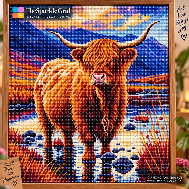 TheSparkleGrid Highland cow diamond painting featuring a colorful beaded mountain landscape, premium resin diamonds, and complete diamond painting craft kit