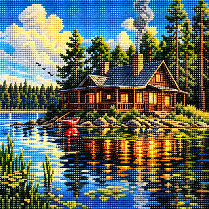 TheSparkleGrid diamond painting of a cozy lakeside cabin surrounded by pine trees at golden hour