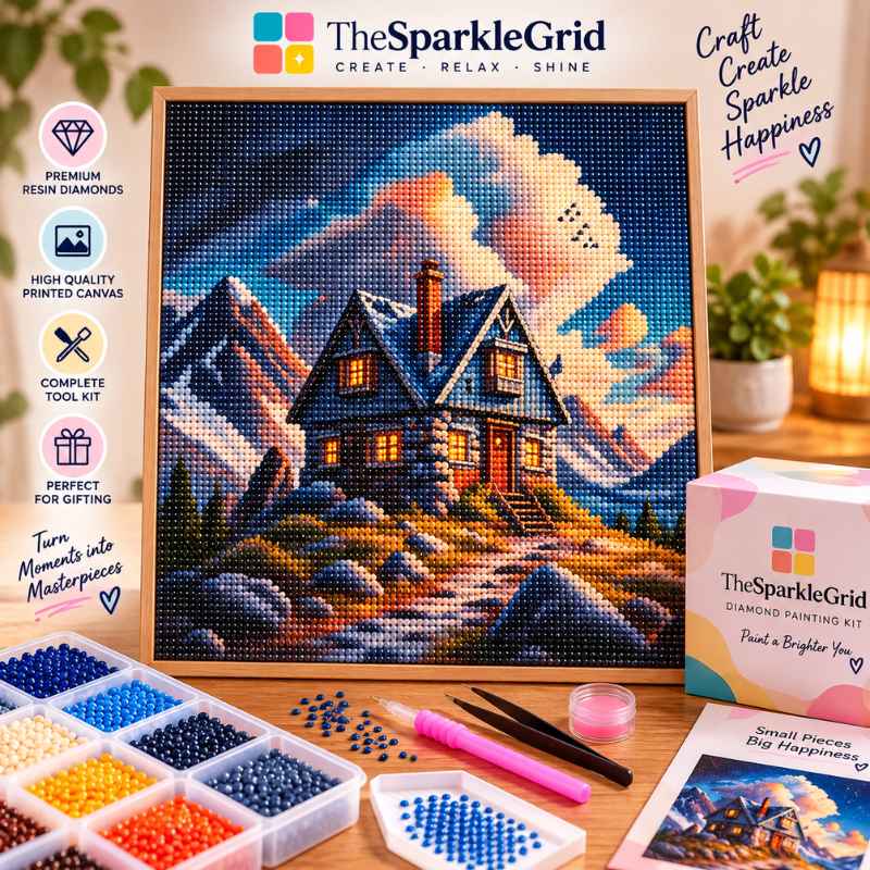 TheSparkleGrid branded diamond painting kit featuring a sparkling mountain cabin artwork, colorful diamond drills, crafting tools, and cozy creative workspace