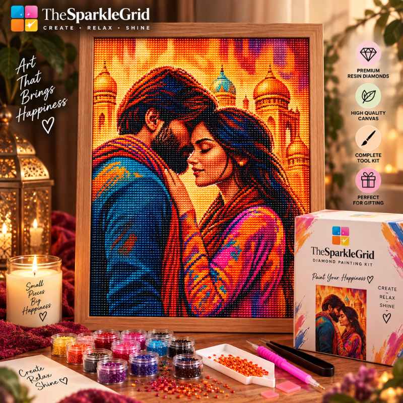 TheSparkleGrid romantic couple diamond painting kit with framed sparkling artwork, resin diamonds, craft tools, candles, and branded packaging