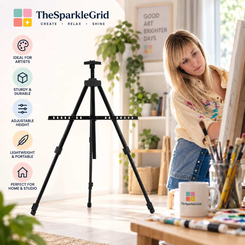 TheSparkleGrid adjustable tripod easel being used by an artist in a bright home studio, featuring sturdy construction, adjustable height, lightweight portable design, and support for painting, artwork, crafts, and creative projects.