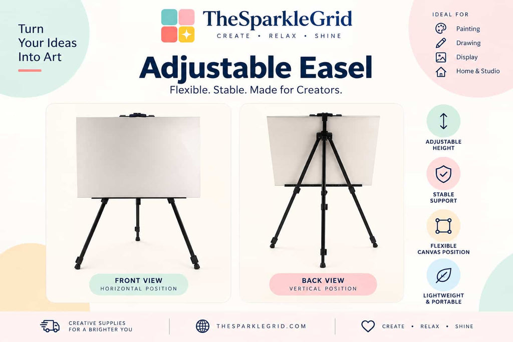 TheSparkleGrid adjustable easel shown in horizontal and vertical positions, featuring adjustable height, stable support, flexible canvas positioning, and lightweight portable design for painting, drawing, artwork display, and creative projects.
