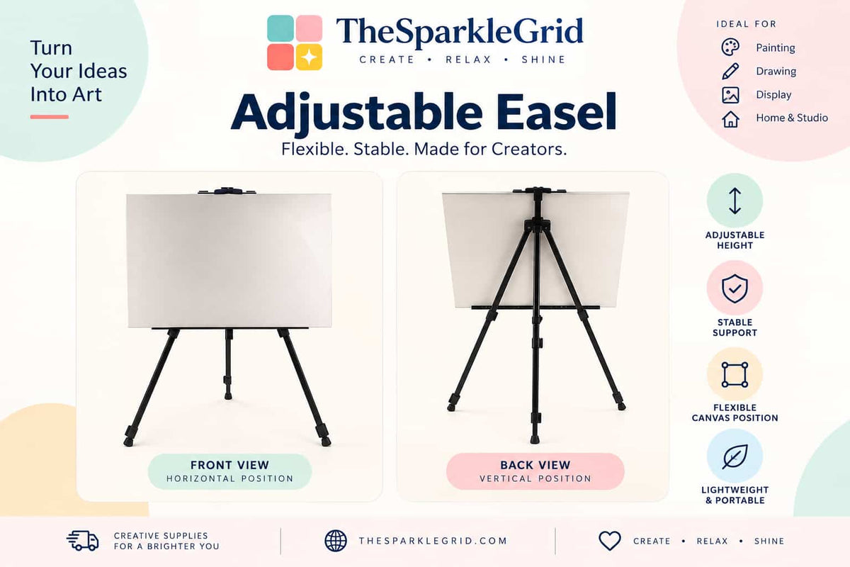 TheSparkleGrid adjustable easel shown in horizontal and vertical positions, featuring adjustable height, stable support, flexible canvas positioning, and lightweight portable design for painting, drawing, artwork display, and creative projects.
