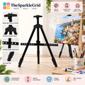 The SparkleGrid portable canvas easel stand in black, shown in a studio setting with a colorful coastal painting on the canvas. The image includes feature callout insets on the left and informational banners at the top and bottom.