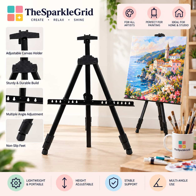 The SparkleGrid portable canvas easel stand in black, shown in a studio setting with a colorful coastal painting on the canvas. The image includes feature callout insets on the left and informational banners at the top and bottom.