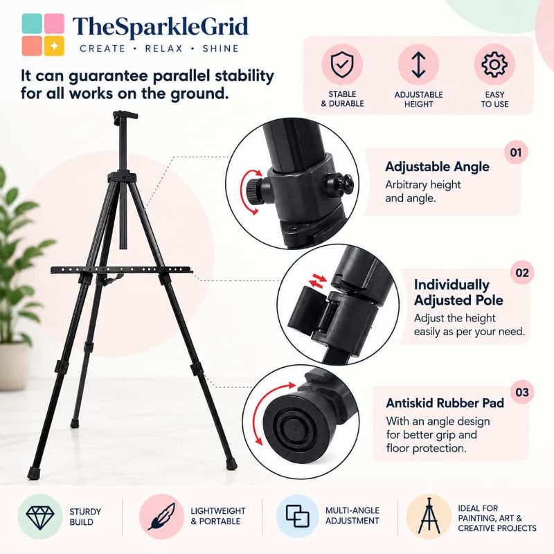 The Sparkle Grid portable folding tripod easel on a light gray background with feature callouts and icons. The image includes a large product photo of the black tripod on the left and three circular inset diagrams on the right highlighting adjustable angle, individually adjustable pole height, and antiskid rubber pad features.