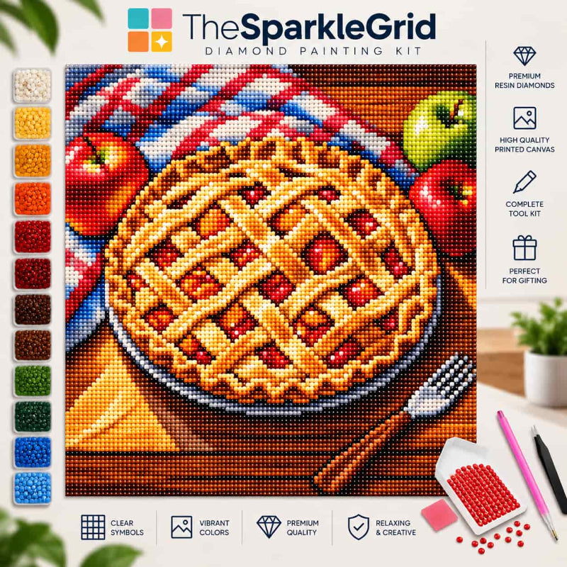 TheSparkleGrid diamond painting kit featuring a sparkling apple pie artwork with red and green apples, checkered cloth and baking details, displayed with colourful resin diamonds and complete painting tools.