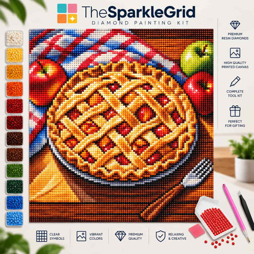 TheSparkleGrid diamond painting kit featuring a sparkling apple pie artwork with red and green apples, checkered cloth and baking details, displayed with colourful resin diamonds and complete painting tools.