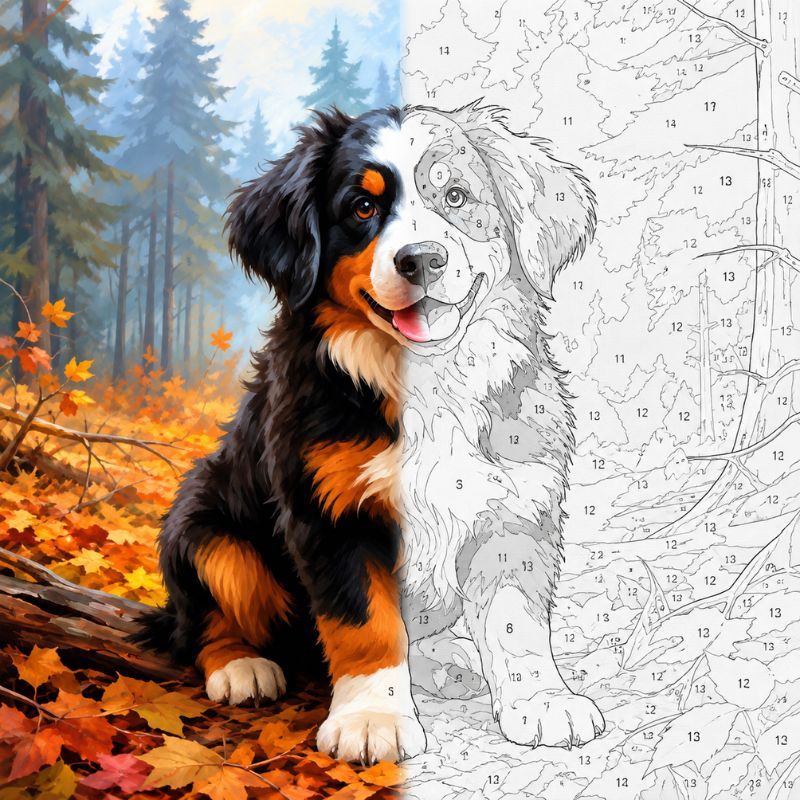 A split-color illustration of a Bernese mountain dog, with one half showing a painted, colorful version in an autumn forest and the other half showing a black-and-white numbered outline of the same dog.