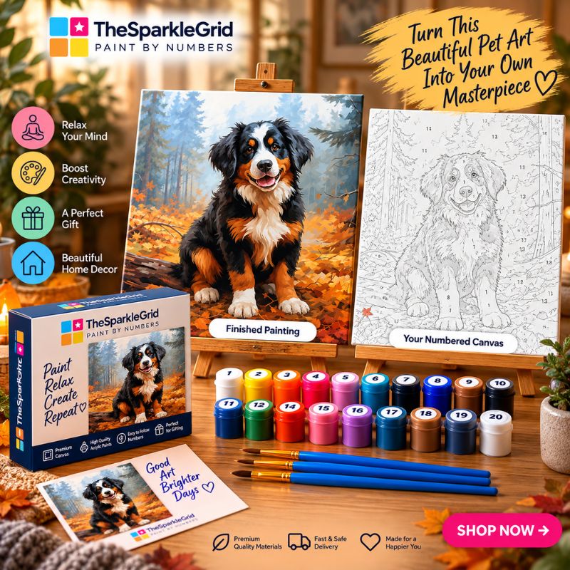 TheSparkleGrid Paint by Numbers pet painting kit shown with its box, numbered paint cups, paintbrushes, and a finished painted Bernese mountain dog artwork on an easel, alongside a numbered canvas and promotional text.