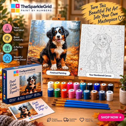 TheSparkleGrid Paint by Numbers pet painting kit shown with its box, numbered paint cups, paintbrushes, and a finished painted Bernese mountain dog artwork on an easel, alongside a numbered canvas and promotional text.