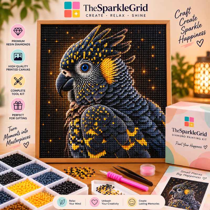 TheSparkleGrid black and gold cockatoo diamond painting kit featuring a sparkling framed artwork, colorful resin diamonds, diamond painting tools, and branded craft packaging.