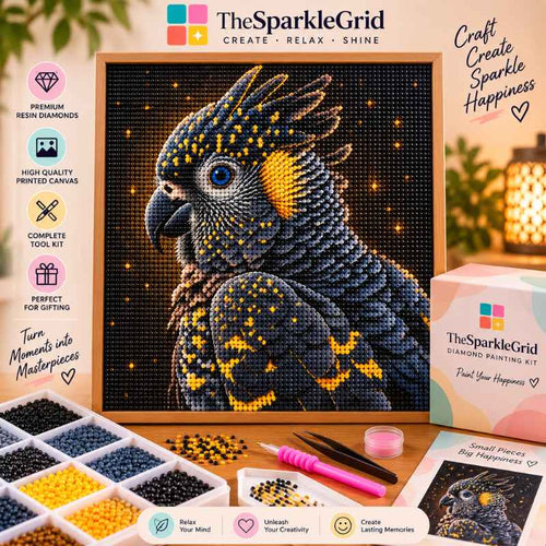 TheSparkleGrid black and gold cockatoo diamond painting kit featuring a sparkling framed artwork, colorful resin diamonds, diamond painting tools, and branded craft packaging.