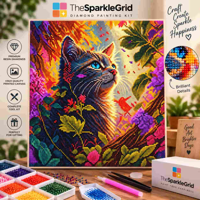 TheSparkleGrid diamond painting kit featuring a colorful blue-eyed cat surrounded by vibrant flowers, with premium resin diamonds, tools, bead trays, and branded packaging.