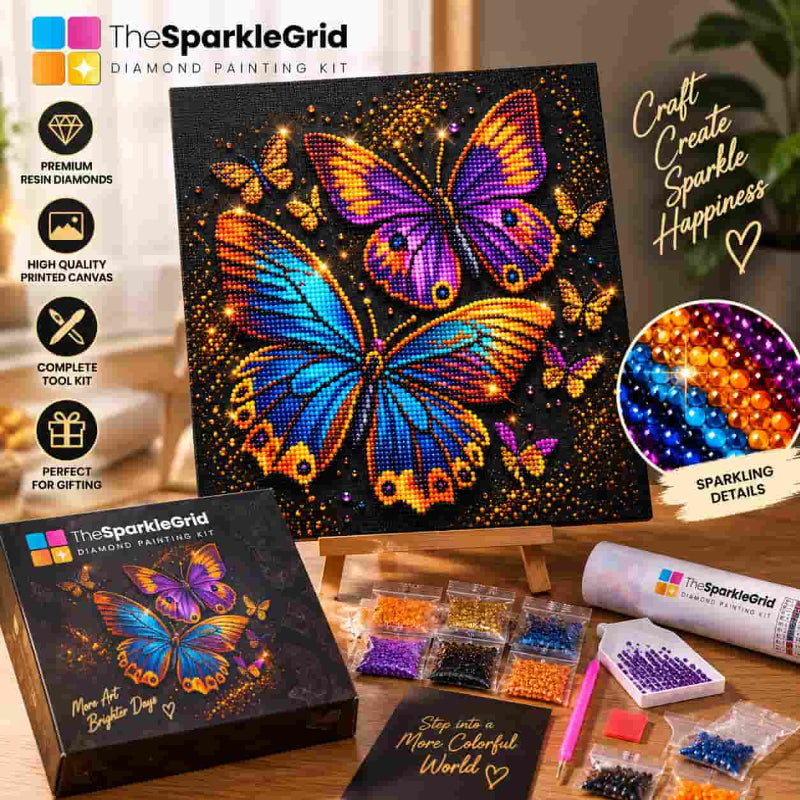 TheSparkleGrid butterfly diamond painting kit with colorful sparkling resin diamonds, finished butterfly artwork on easel, complete craft tools, and premium kit packaging.