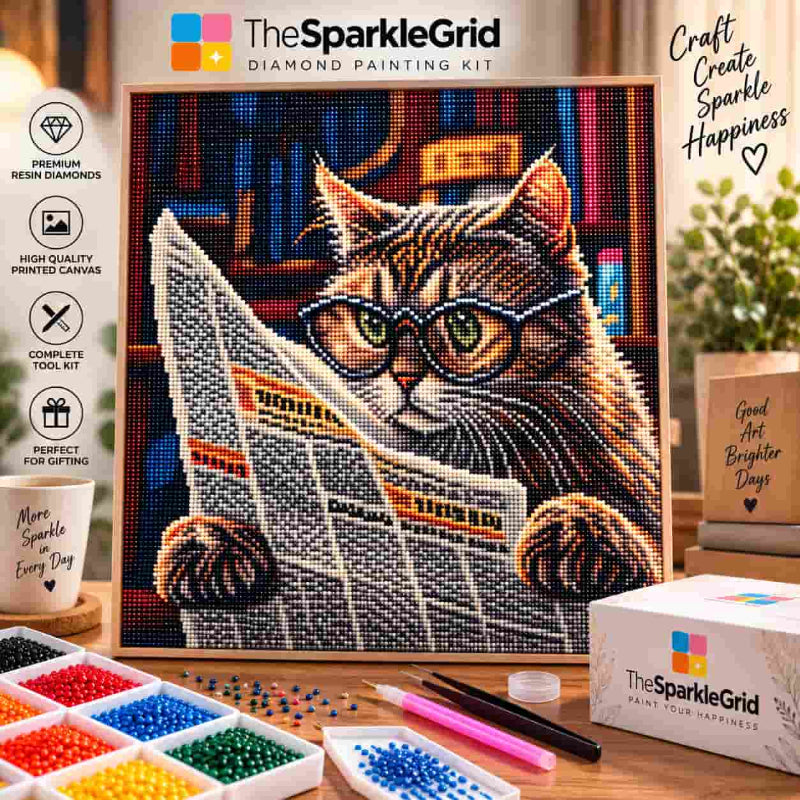 TheSparkleGrid diamond painting kit featuring a sparkling cat reading a newspaper artwork, premium resin diamonds, colorful drill trays, complete tools, and branded packaging.