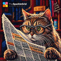 TheSparkleGrid diamond painting featuring a tabby cat wearing glasses and reading a newspaper, recreated with colorful sparkling resin diamond drills.