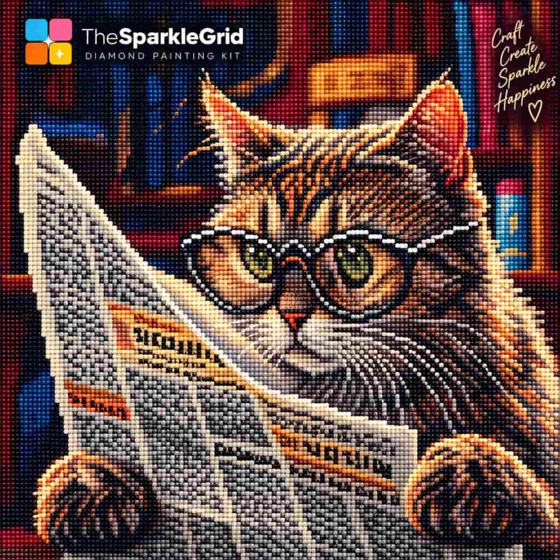 TheSparkleGrid diamond painting featuring a tabby cat wearing glasses and reading a newspaper, recreated with colorful sparkling resin diamond drills.