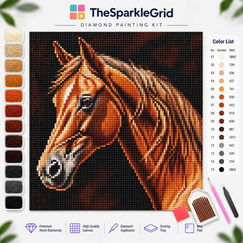 TheSparkleGrid diamond painting kit featuring a detailed chestnut horse portrait created with sparkling resin diamonds, displayed with colour beads, DMC colour chart and diamond painting tools.