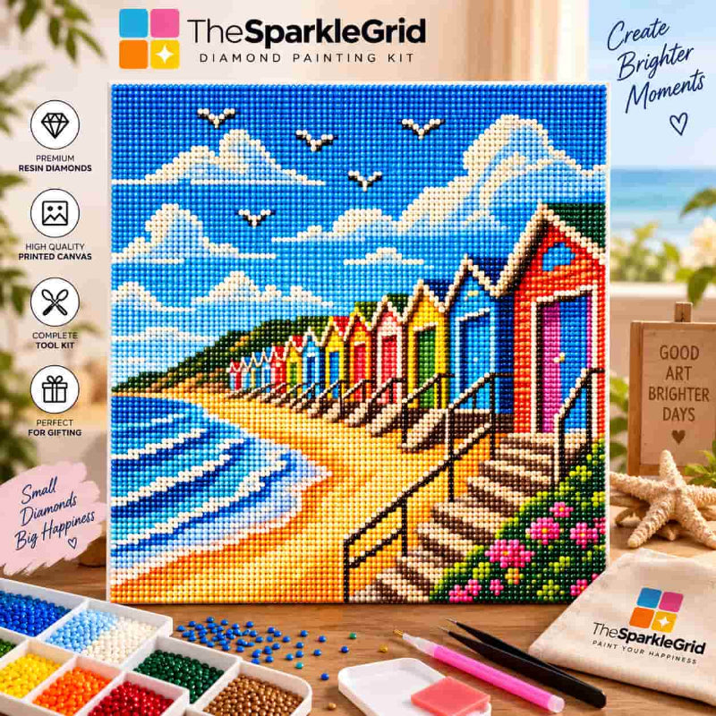 TheSparkleGrid colorful beach diamond painting kit featuring vibrant seaside huts, blue ocean waves, golden sand, cloud-filled sky, premium resin diamonds, complete tools, and branded packaging.