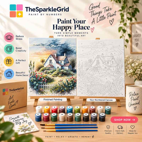 TheSparkleGrid paint by numbers promotional image featuring a finished cottage garden painting beside a numbered canvas, acrylic paint pots, brushes, branded packaging, and a Shop Now message.