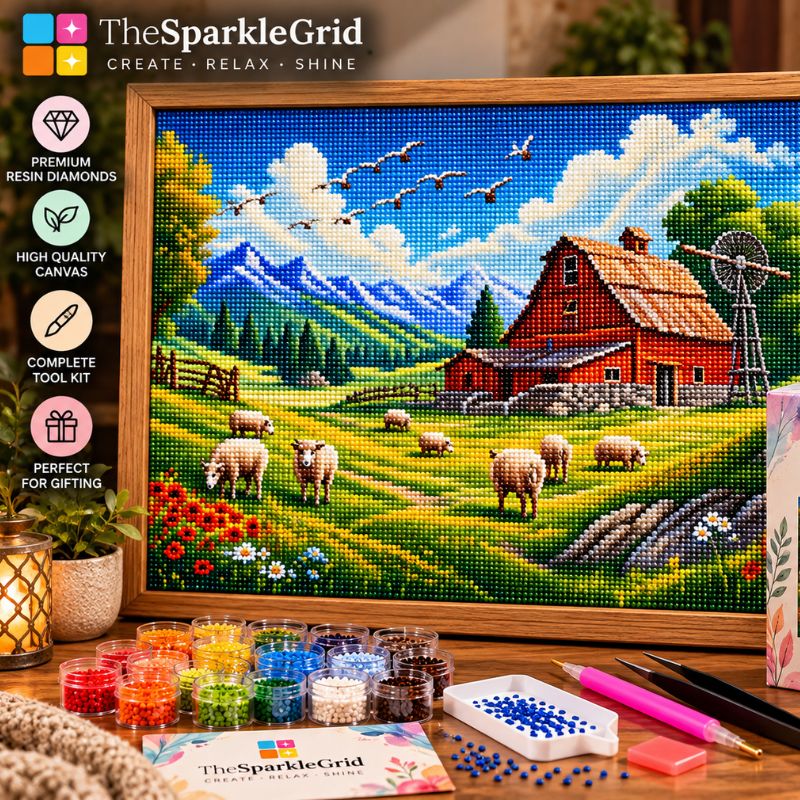 A framed diamond painting or cross-stitch style art kit showing a colorful rural landscape with a red barn, sheep, mountains, and blue sky. The product is displayed on a tabletop with tool accessories, paint-like beads or glitter in small cups, and branding text for TheSparkleGrid visible on the box and in the top left.