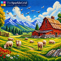A colorful cross-stitch style landscape design featuring a red barn, grazing sheep, green hills, blue mountains, and flying birds. The top-left corner shows the brand text 'TheSparkleGrid' with a small multicolor icon.