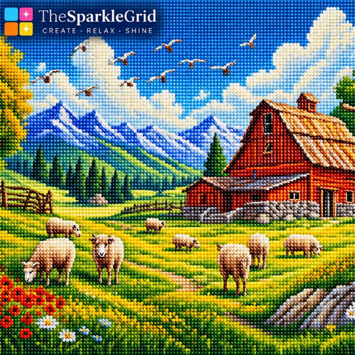 A colorful cross-stitch style landscape design featuring a red barn, grazing sheep, green hills, blue mountains, and flying birds. The top-left corner shows the brand text 'TheSparkleGrid' with a small multicolor icon.