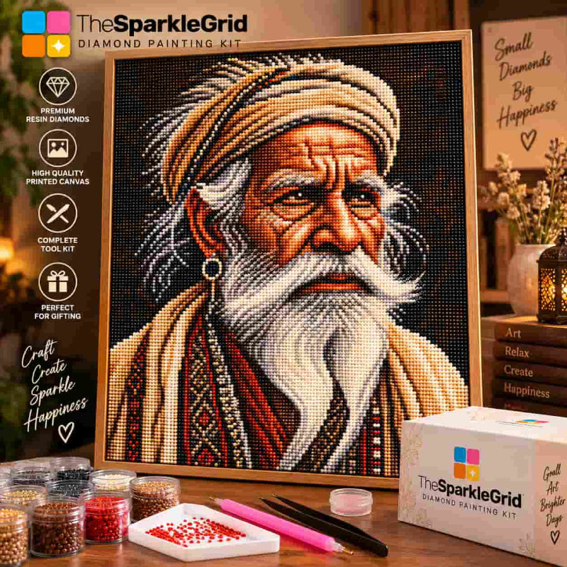 TheSparkleGrid custom diamond painting kit featuring a detailed elderly man portrait made with colorful resin diamonds, complete with diamond trays, painting tools, and branded packaging.