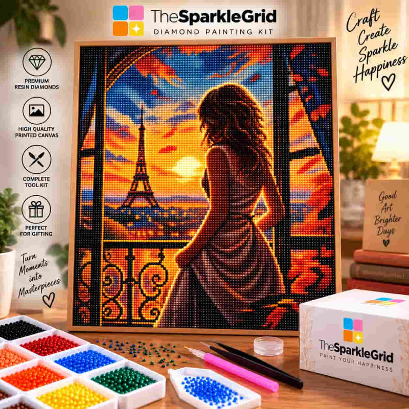 TheSparkleGrid custom diamond painting kit featuring a sparkling Paris sunset artwork with a woman overlooking the Eiffel Tower, premium resin diamonds, complete diamond painting tools, and branded gift packaging.