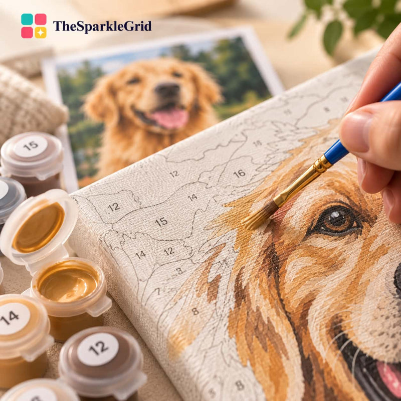 TheSparkleGrid custom paint by numbers kit showing a golden retriever portrait being painted on numbered canvas with acrylic paint pots and brushes.