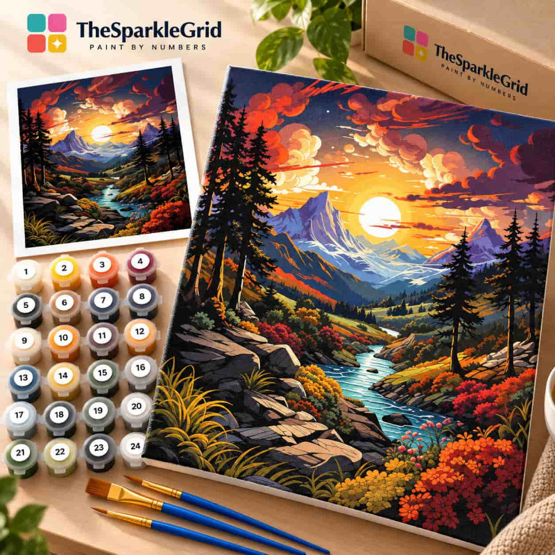 TheSparkleGrid custom paint by numbers kit featuring a colorful sunset mountain landscape with pine trees, river, numbered paints and brushes