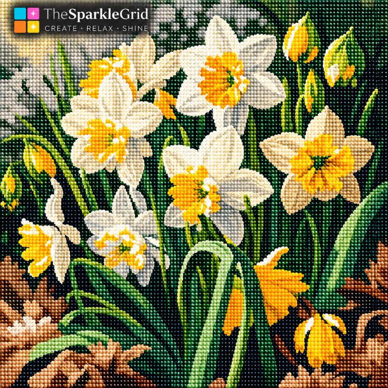 TheSparkleGrid daffodil diamond painting featuring sparkling white and yellow flowers with green leaves, created with colorful resin diamond drills.
