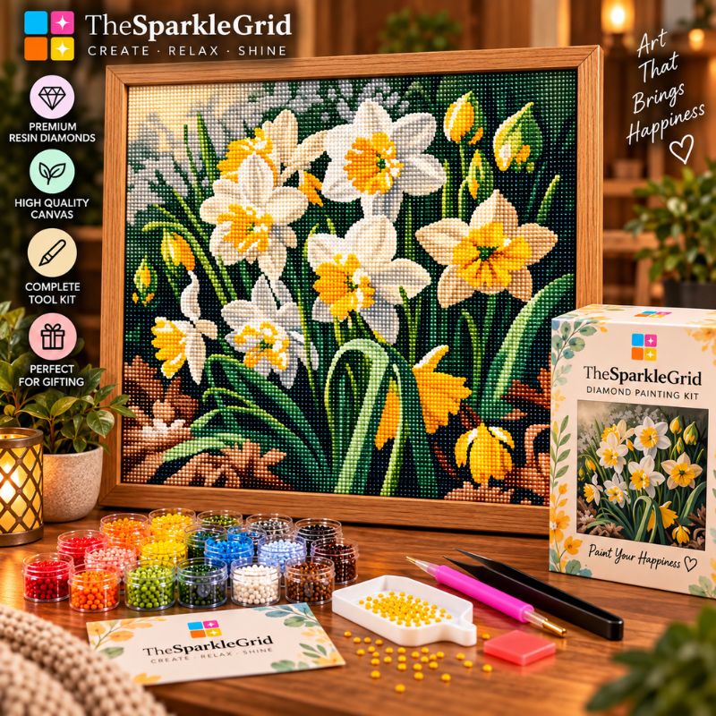TheSparkleGrid daffodil diamond painting kit displayed with a finished framed floral artwork, colorful resin diamond drills, tools, tray, and branded packaging.
