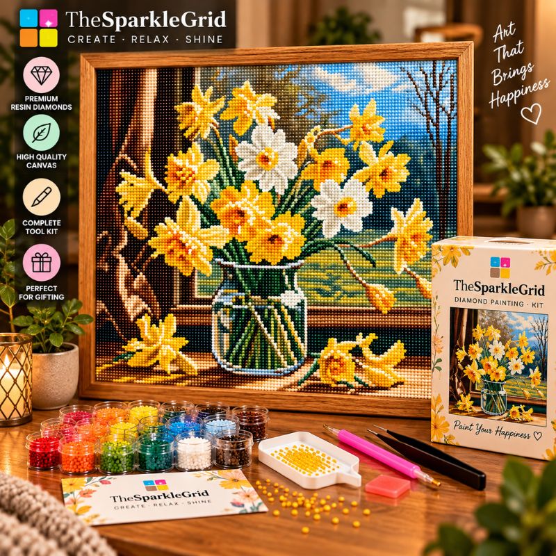 TheSparkleGrid daffodil diamond painting kit displayed with a finished framed floral artwork, colorful resin diamond drills, crafting tools, tray, branded packaging, and cozy home decor.