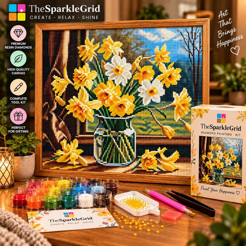 TheSparkleGrid daffodil diamond painting kit displayed with a finished framed floral artwork, colorful resin diamond drills, crafting tools, tray, branded packaging, and cozy home decor.