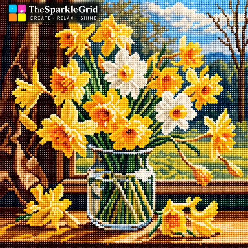 TheSparkleGrid diamond painting featuring a vibrant bouquet of yellow and white daffodils with sparkling resin diamond drills, green leaves, and a scenic window background.