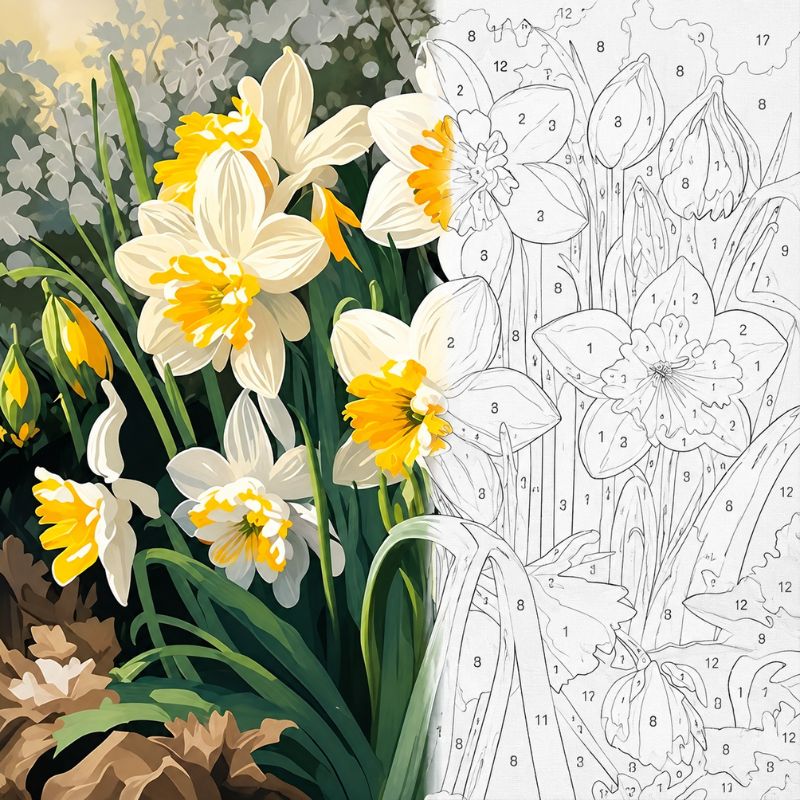 TheSparkleGrid daffodil flower artwork shown half as a colorful finished painting and half as a numbered paint by numbers canvas, featuring white and yellow flowers, green leaves, and flower buds