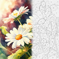 TheSparkleGrid daffodil flower artwork shown half as a colorful finished painting and half as a numbered paint by numbers canvas, featuring white and yellow flowers, green leaves, and flower buds