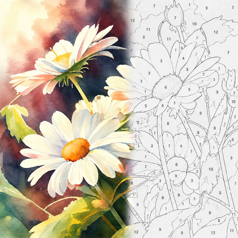 TheSparkleGrid daffodil flower artwork shown half as a colorful finished painting and half as a numbered paint by numbers canvas, featuring white and yellow flowers, green leaves, and flower buds