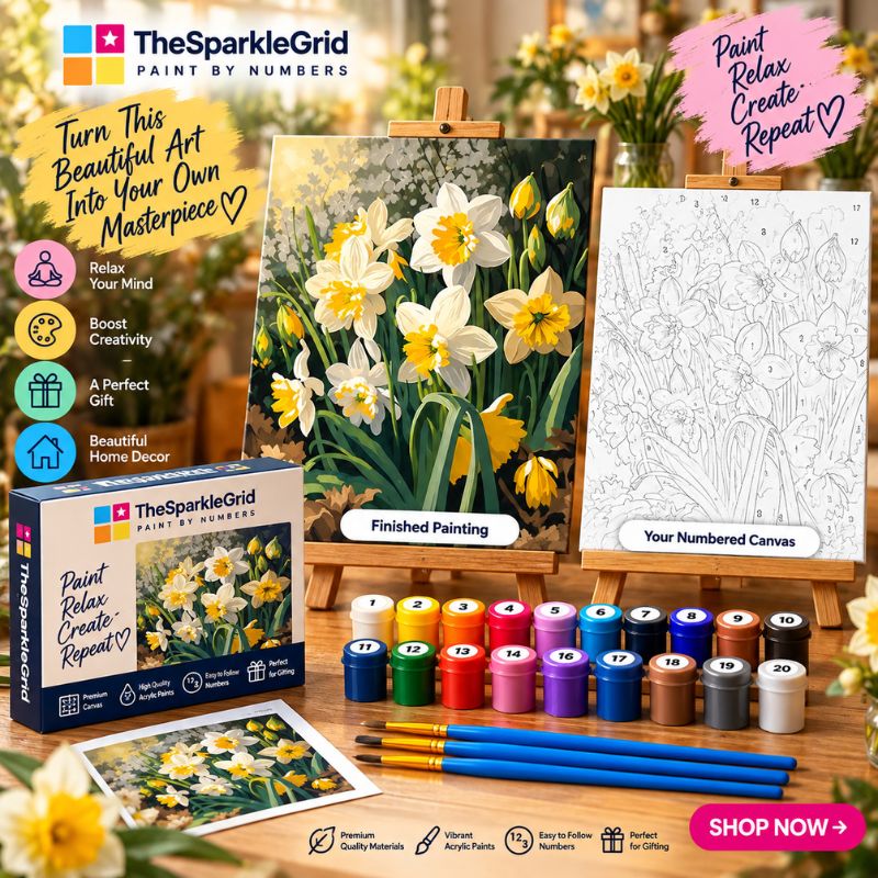 TheSparkleGrid daffodil paint by numbers kit promotional image featuring a finished floral painting, numbered canvas, colorful acrylic paint pots, brushes, branded product box, and creative workspace
