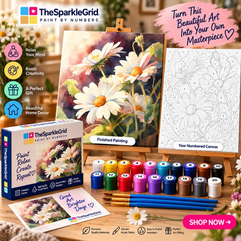 TheSparkleGrid daisy paint by numbers kit promotional image featuring a finished floral painting, numbered canvas, colorful acrylic paints, paint brushes, branded product box, and creative workspace