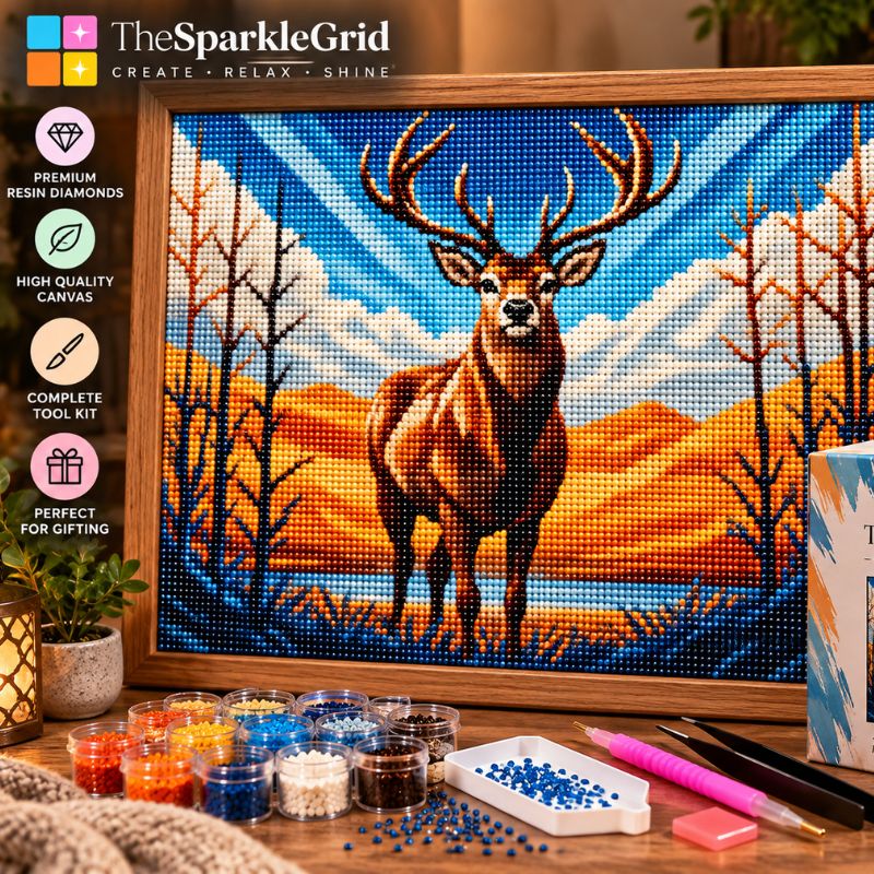 A framed diamond painting kit showing a stag in a mountain landscape, displayed on a wooden table with paint containers, tools, and TheSparkleGrid branding and feature callouts.