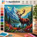 TheSparkleGrid diamond painting kit featuring a deer in a colorful mountain lake landscape with resin diamonds, drill trays, and complete crafting tools