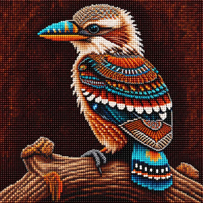 TheSparkleGrid diamond painting of a colorful kookaburra bird perched on a branch against a dark background