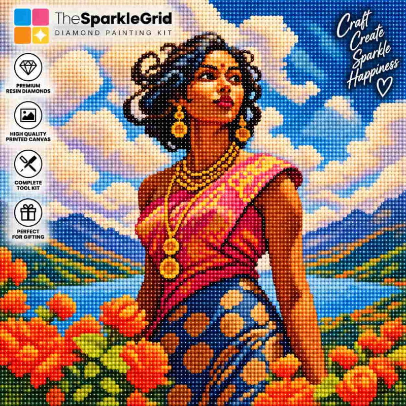 TheSparkleGrid diamond painting kit featuring a colorful South Asian woman in a pink and gold sari, created with sparkling resin diamonds against a scenic mountain and floral landscape.