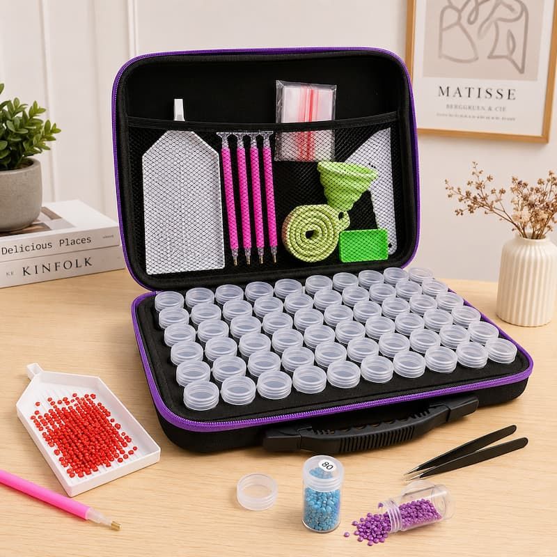 TheSparkleGrid diamond painting storage organizer case with multiple bead containers, diamond painting tools, tweezers, trays, and colorful resin drills arranged on a wooden table.