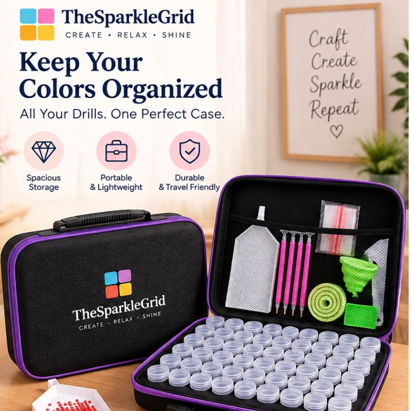 TheSparkleGrid diamond painting storage organizer case with multiple bead containers, painting tools, trays, and spacious portable storage for organizing colorful diamond painting drills.